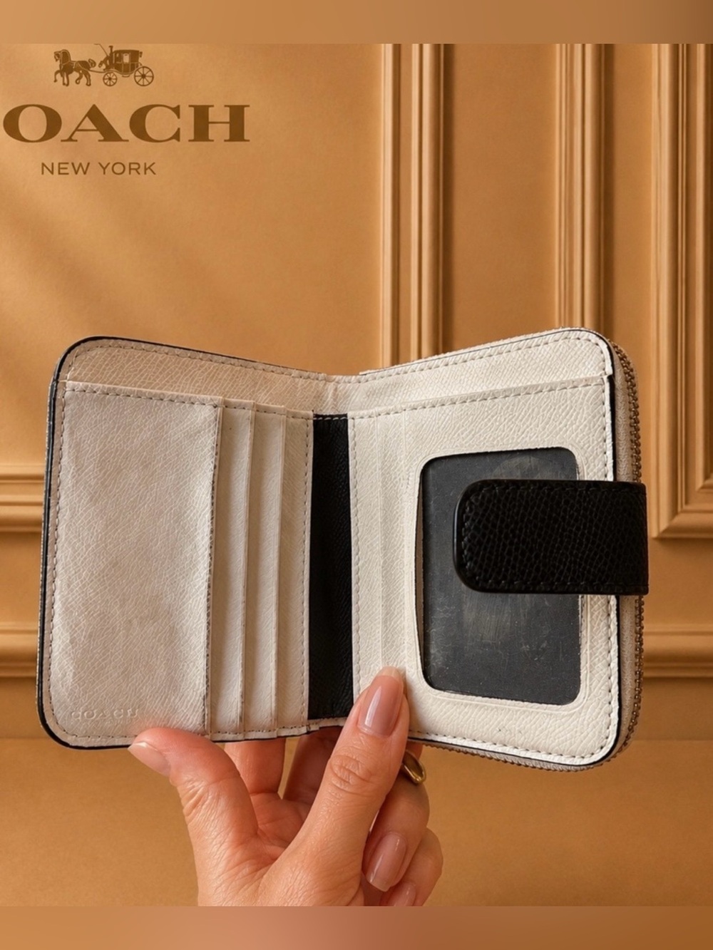 Coach Small Zip Around Wallet Colorblock Chalk Navy Leather ID Card Case - Picture 2 of 6